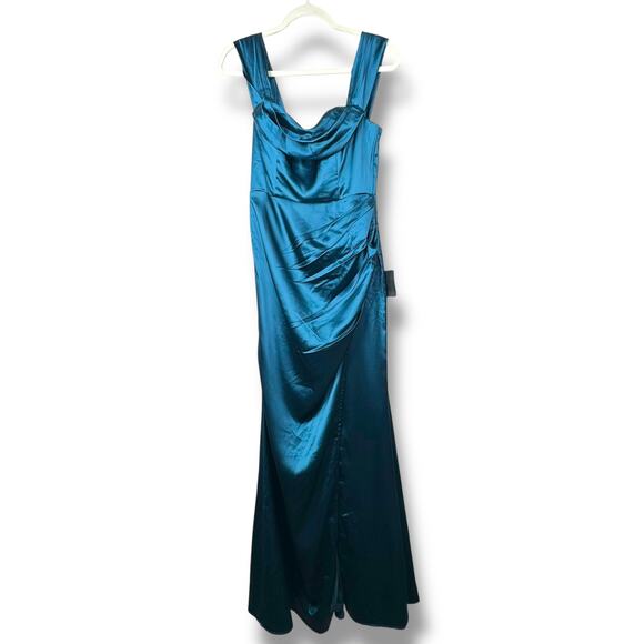 Lulus NWT Stunning Arrival Dark Teal Satin Off-the-Shoulder Maxi Dress Medium - Picture 3 of 10